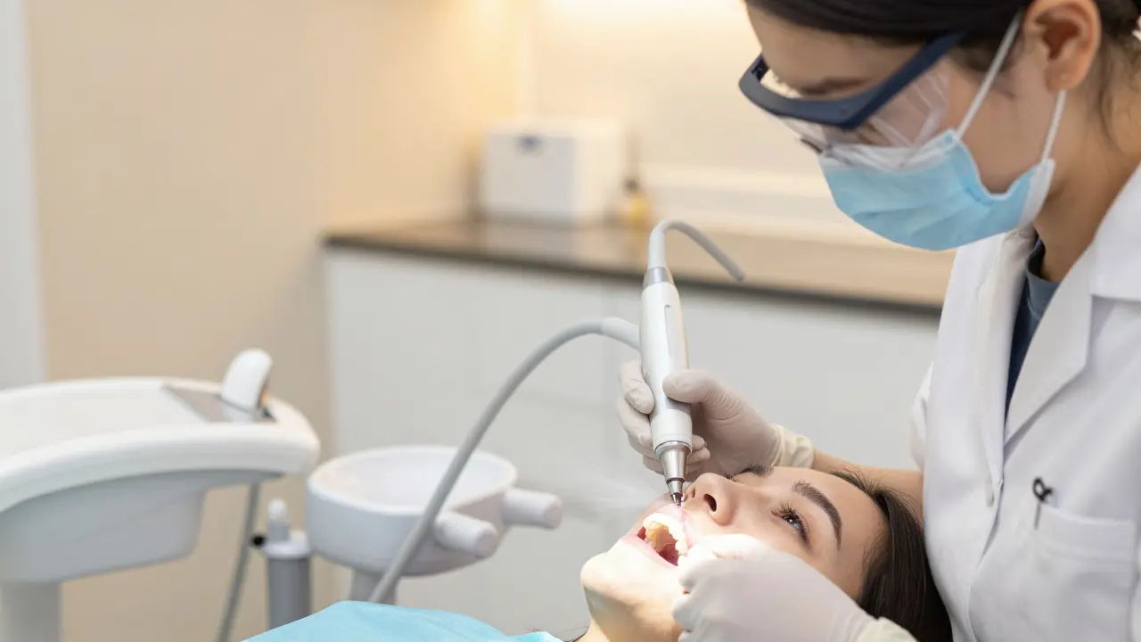 Dentální hygienistka používá ultrazvukový scaler k čištění
