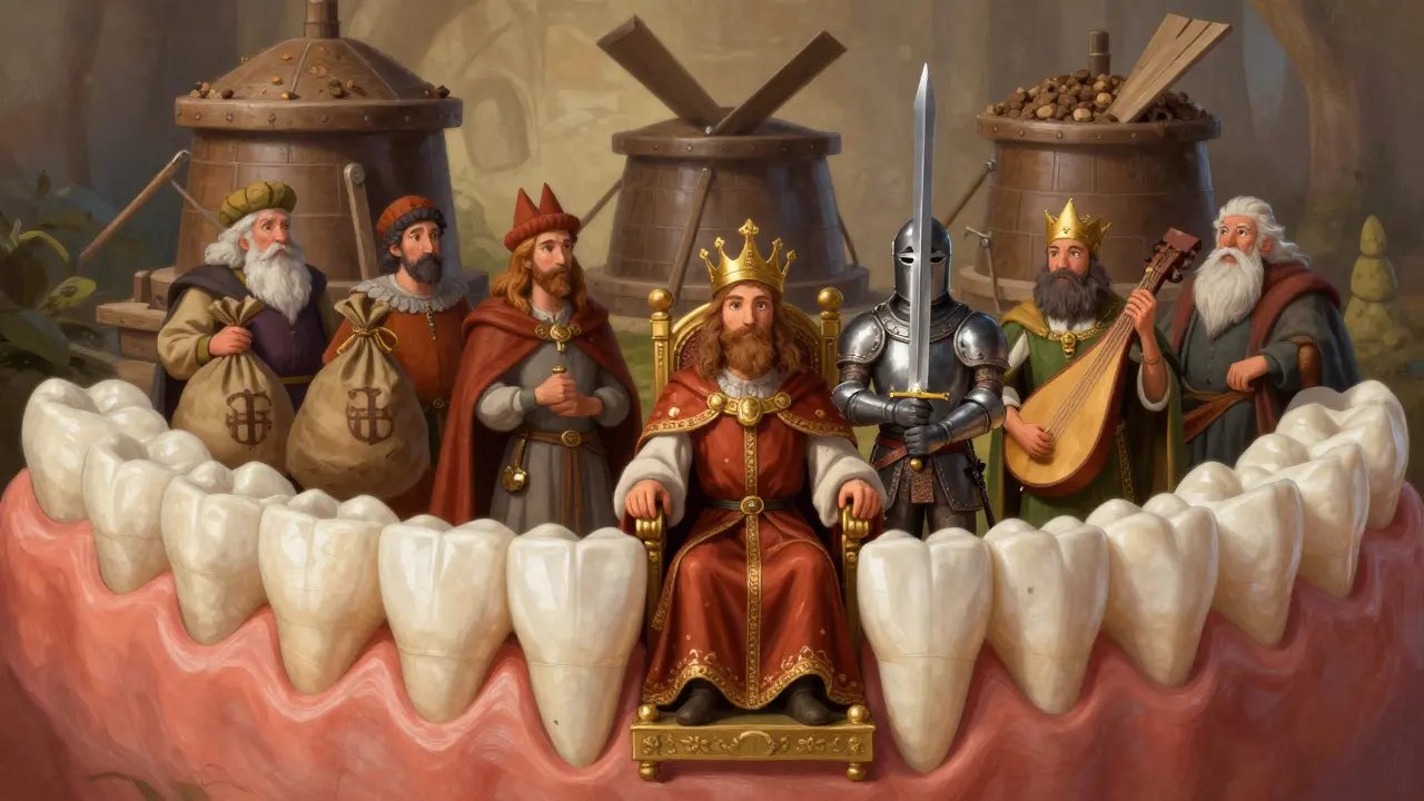 Ilustrace mnemotechniky s králem Artušem a rytíři pro zuby