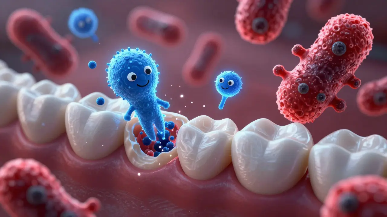 Konceptuální ilustrace fluoridu obnovujícího zubní email.