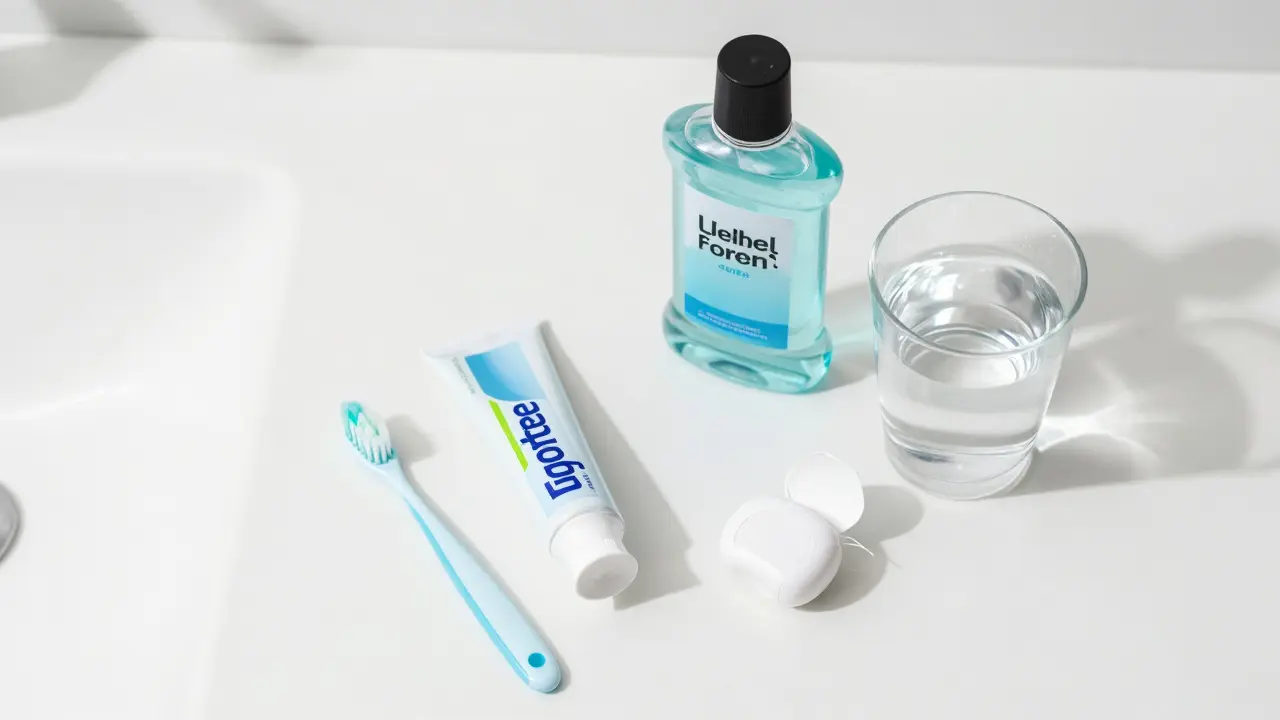 Přehled produktů pro ústní hygienu: pasta, niť, voda a ústní voda