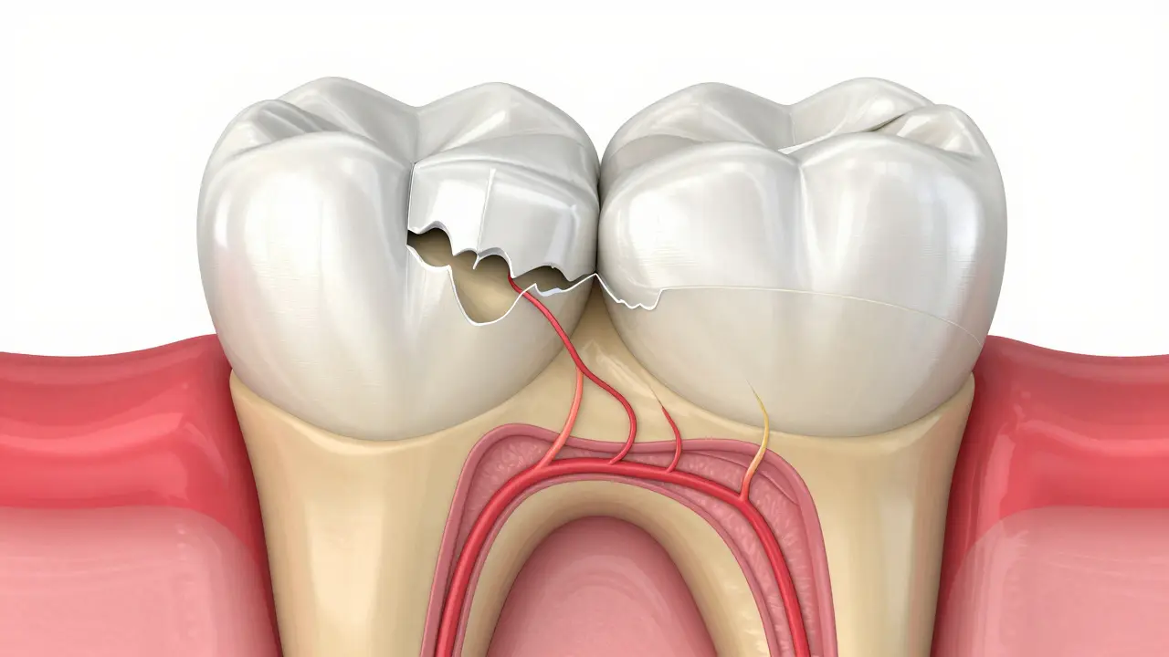 Schéma zubu ukazující pronikání kyseliny k nervu přes dentin