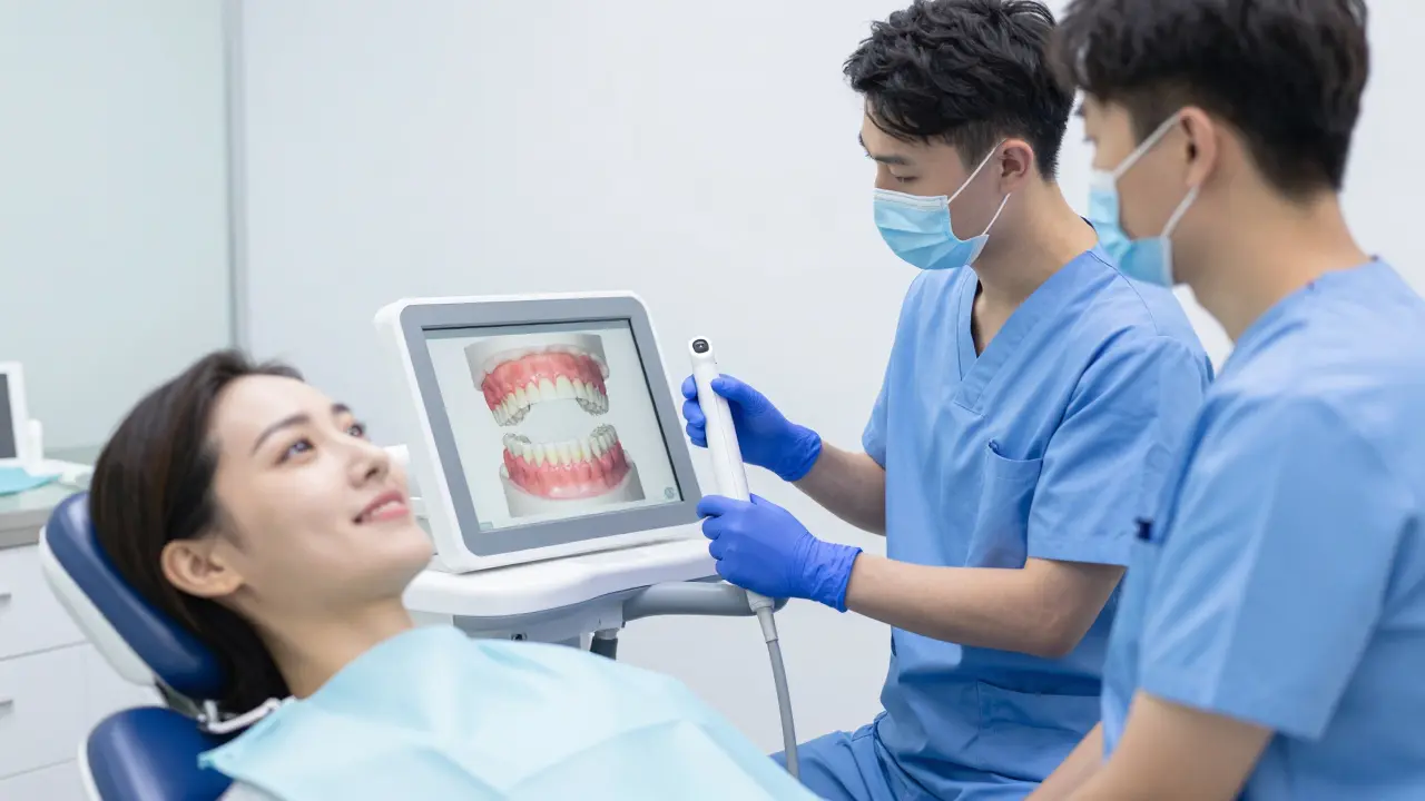 Stomatolog používá digitální skener pro diagnostiku zabarvených zubů