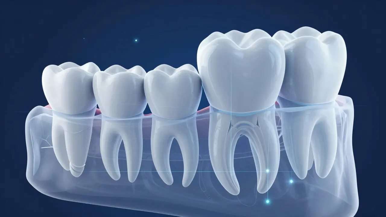 Anatomický průřez čelistí ukazující kořeny různých typů zubů