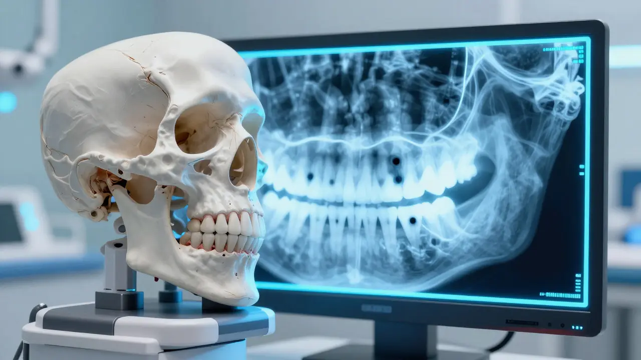 Digitální rentgenový snímek zobrazující skrytý mezizubní kaz mezi zuby.