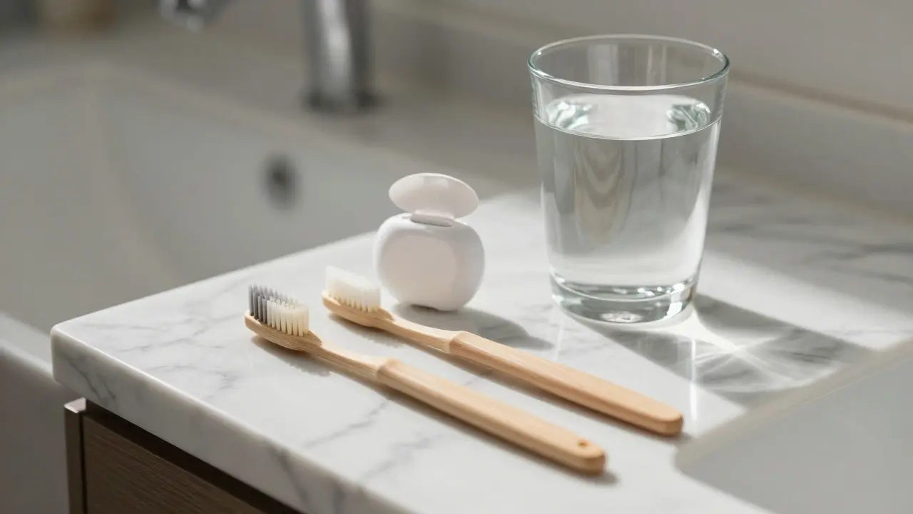 Hygienické potřeby pro péči o zuby na mramorovém pultu