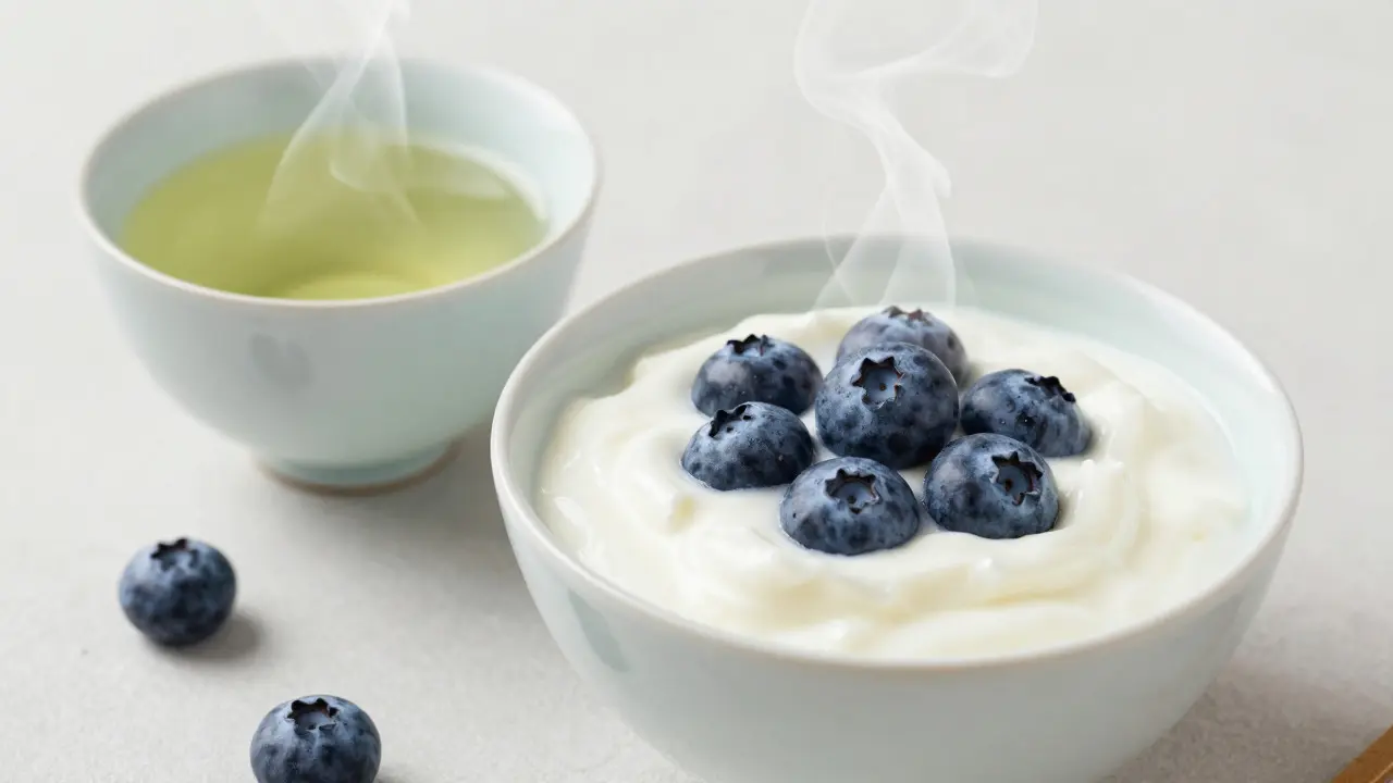 Jogurt s borůvkami a zelený čaj pro zdraví ústní dutiny