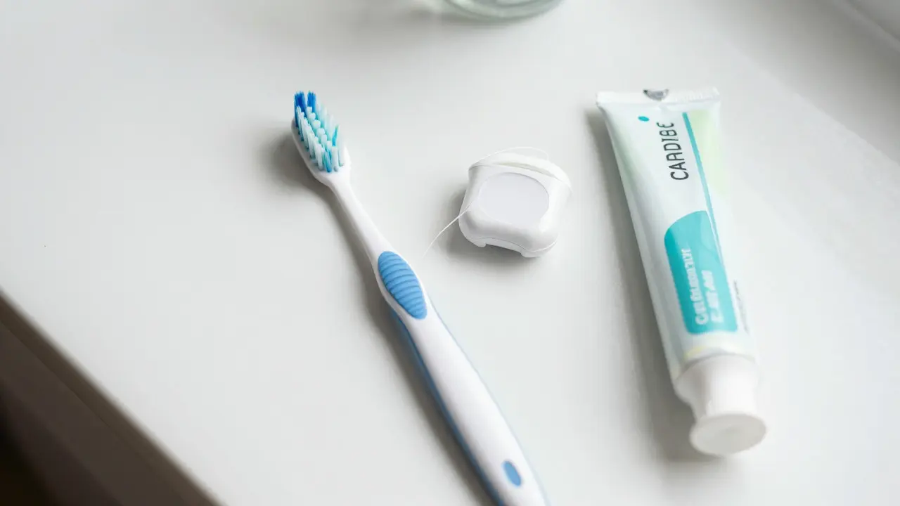 Mezizubní kartáček a nit na bílém povrchu pro prevenci