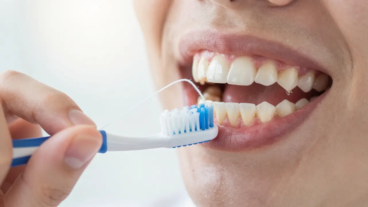 Správná technika čištění zubů kartáčkem a nití pod úhlem 45 stupňů