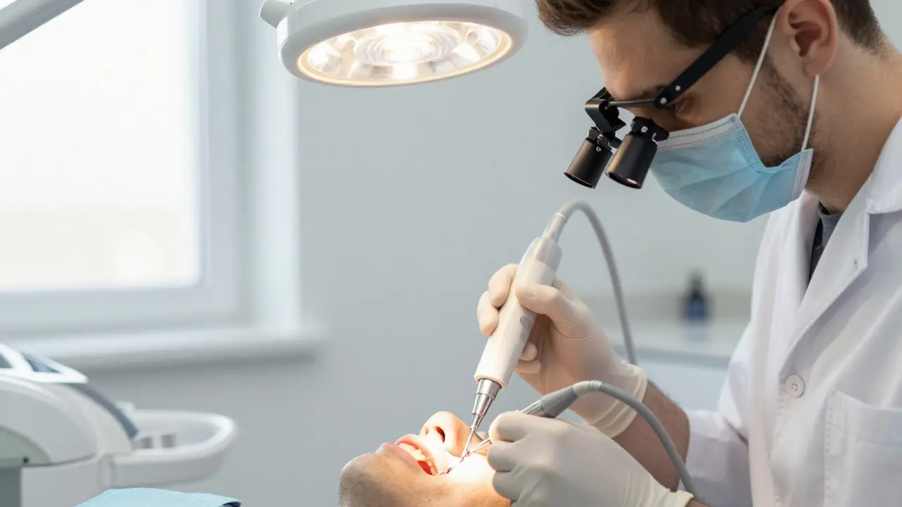 Stomatolog diagnostikuje prasklinu zubu pomocí světelného testu