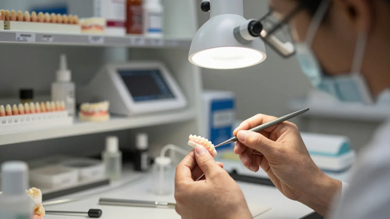 Technik upravuje keramickou fazetu v laboratoři