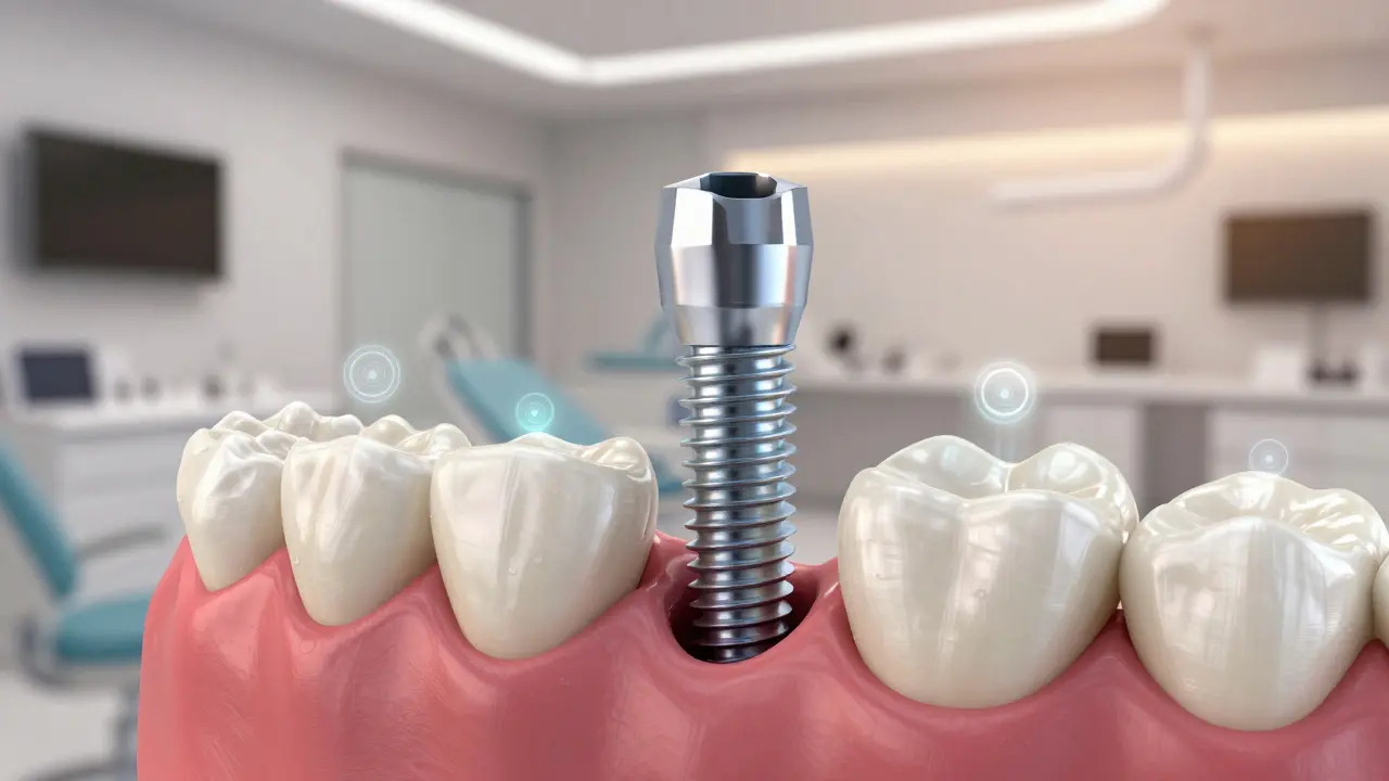 Titanový implantát integrovaný v čelistní kosti s korunou