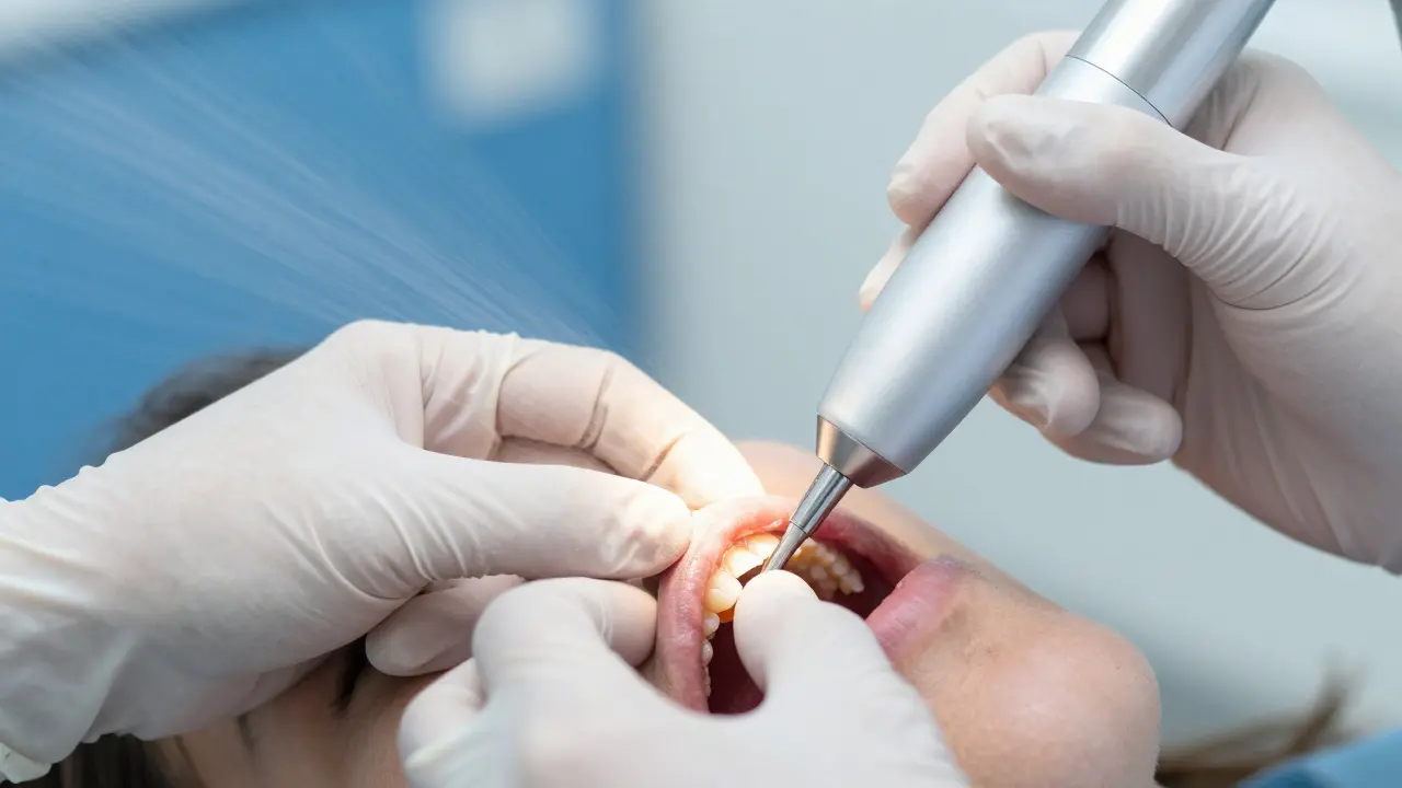 Zubní hygienistka čistí zuby ultrazvukovým skalarem
