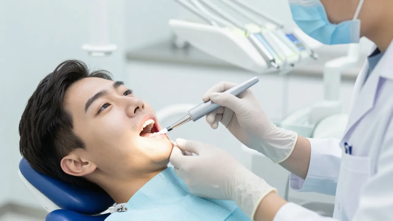 Zubní lékař aplikuje fluoridový lak na citlivý zubní kořen pacienta