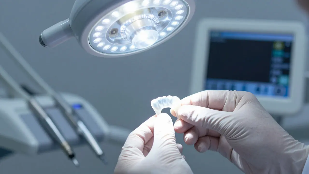 Dentistické ruce drží keramickou fazetu u zubu pacienta