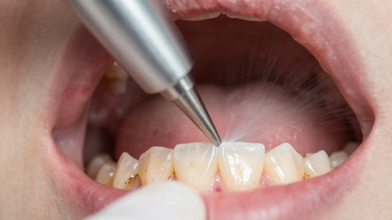 Detailní záběr na pískování zubů pomocí speciálního nástroje v ústní dutině
