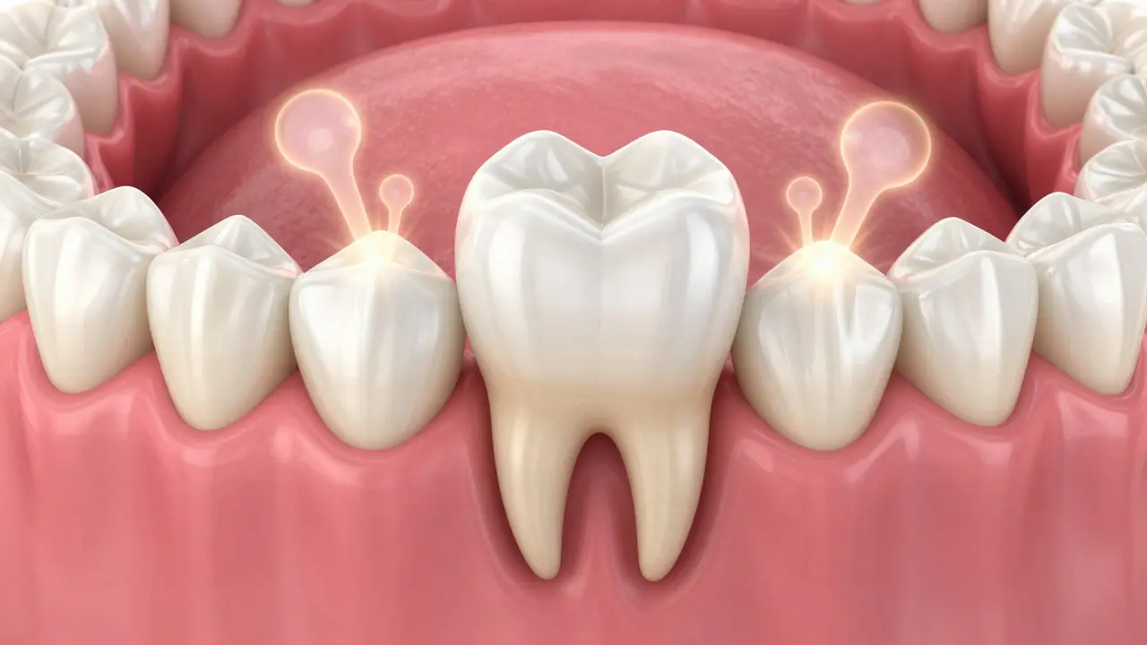 Ilustrace zdravého zubu s keramickou korunou a regenerující kostí po endodoncii