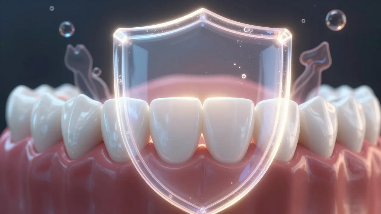 Konceptuální ilustrace ochrany zubů před erozí pomocí fluoridu