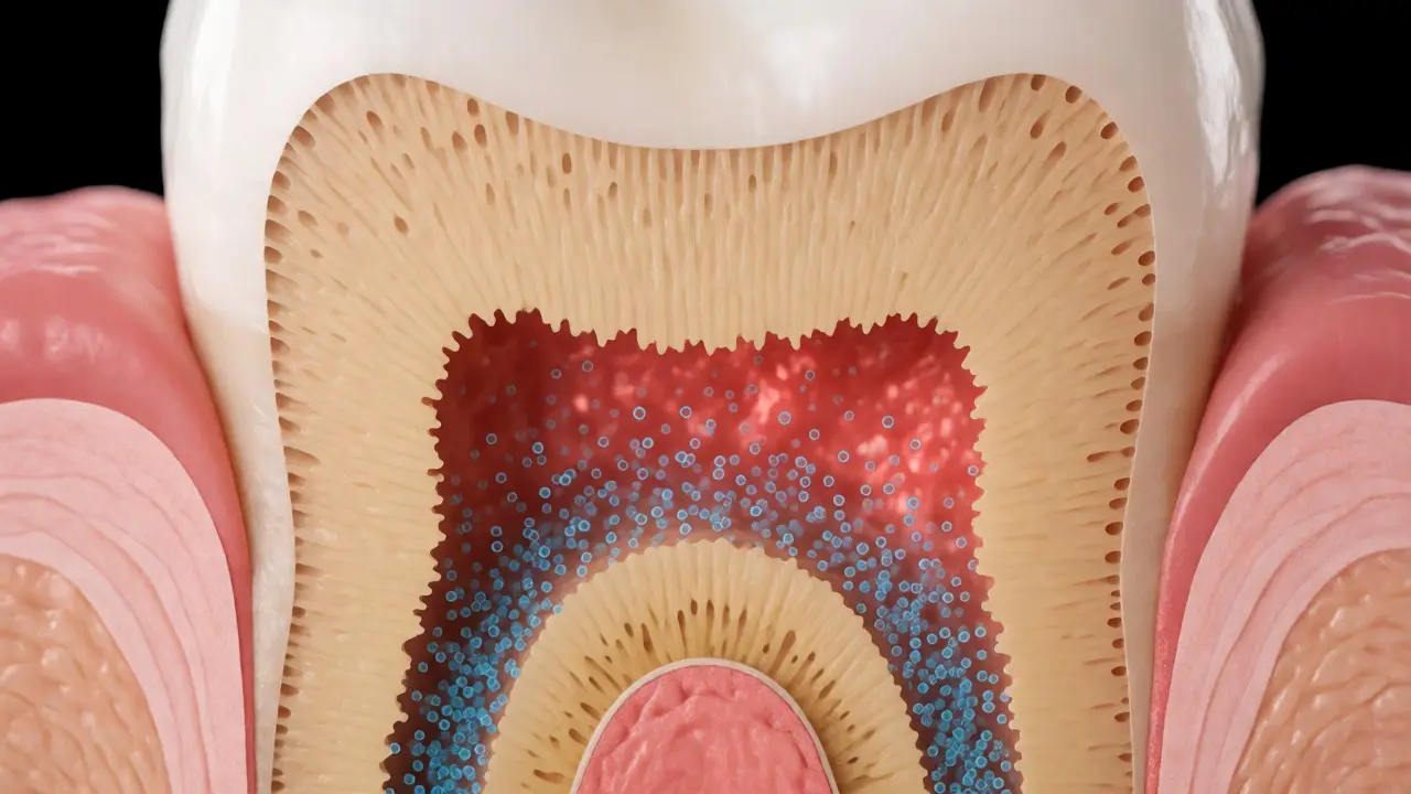 Makro pohled na zub s viditelnými dentinovými tubuly a pronikajícím peroxidem.