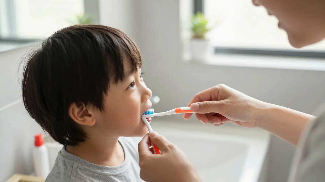 Rodič pečlivě čistí zuby malému dítěti v koupelně při ranní hygieně