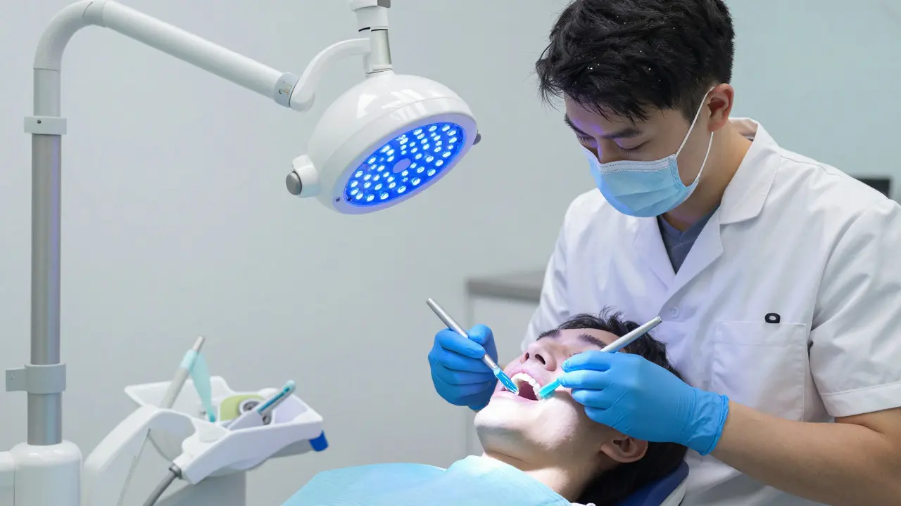 Zubní lékař aplikuje bělicí gel v ordinaci pod modrým světlem lampy