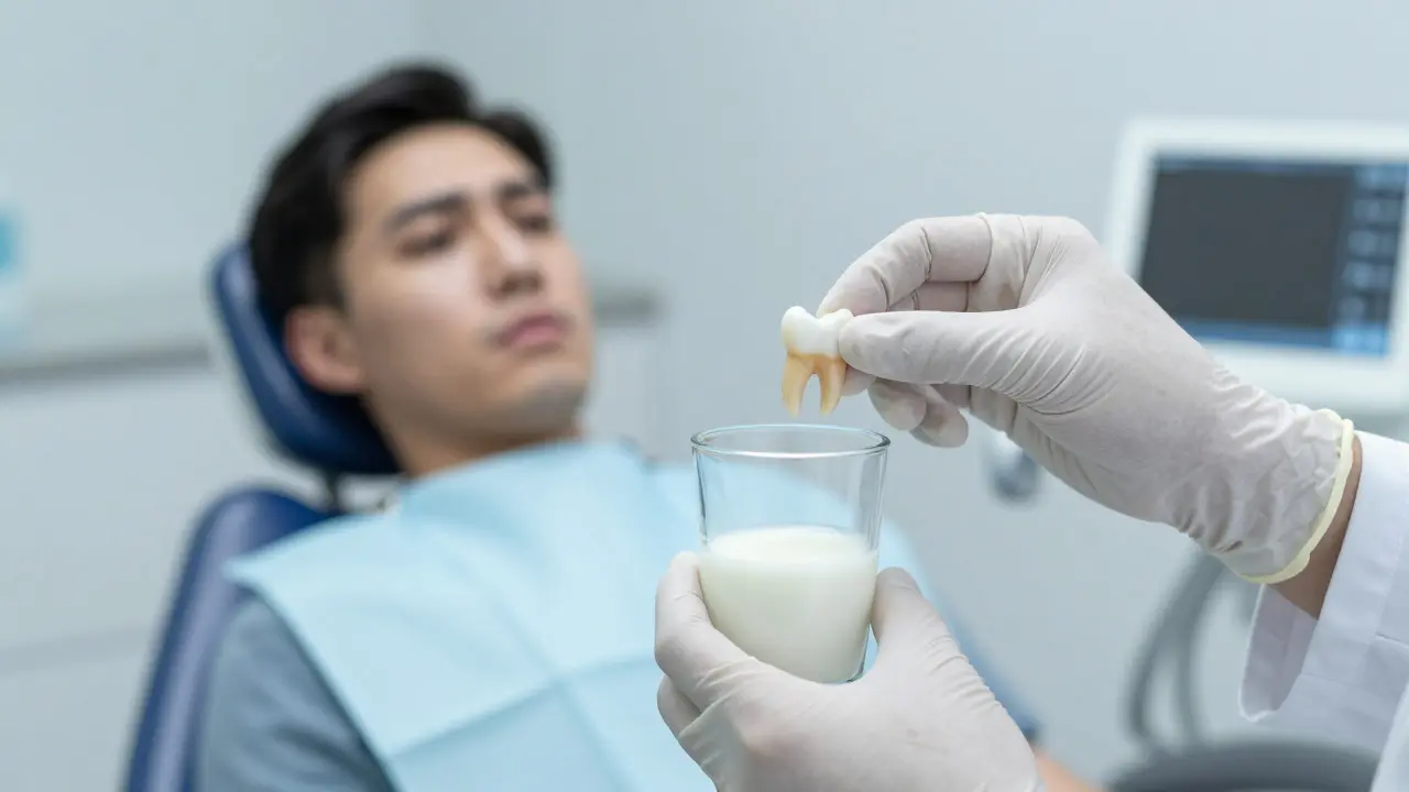 Zubní lékař drží úlomek předního zubu nad sklenicí mléka v ordinaci