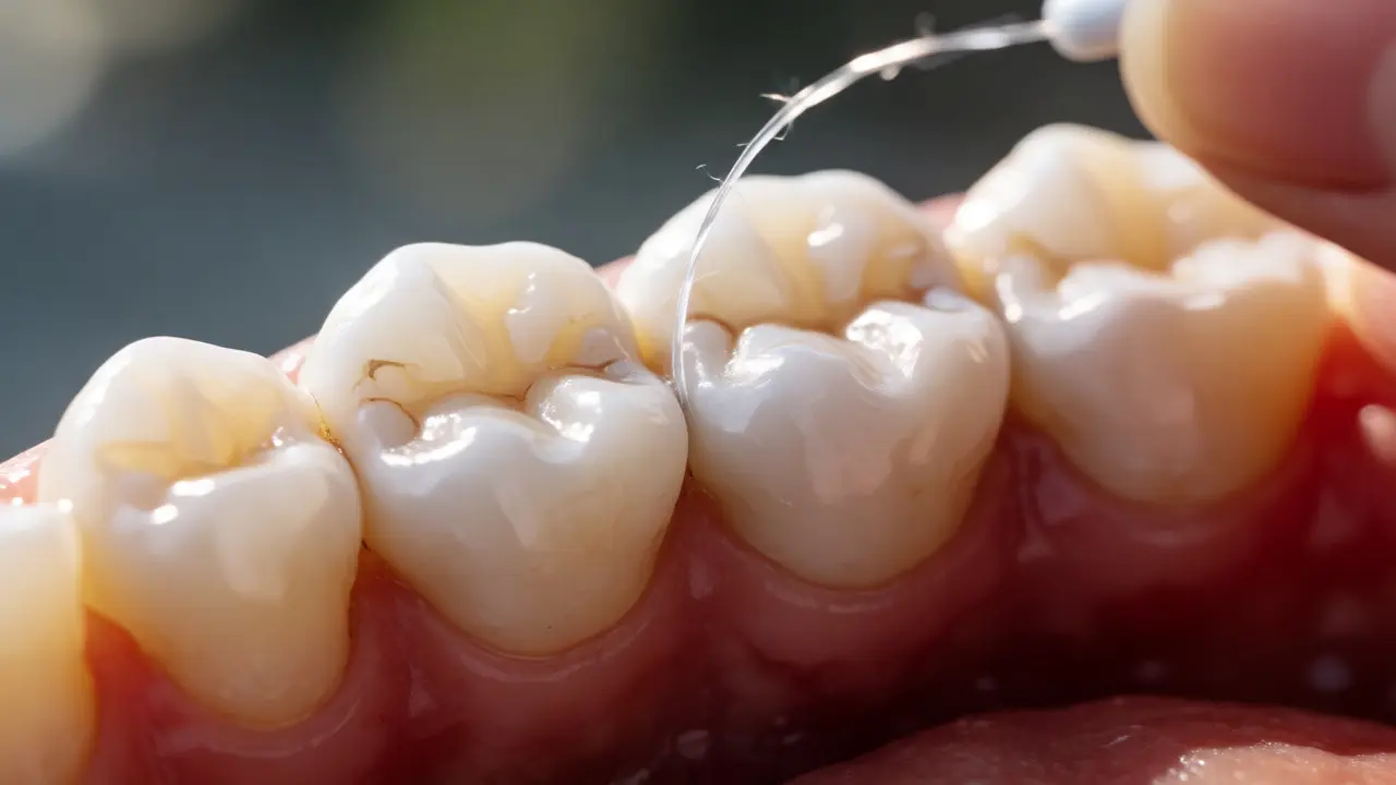 Detailní záběr na používání zubní niti mezi zuby