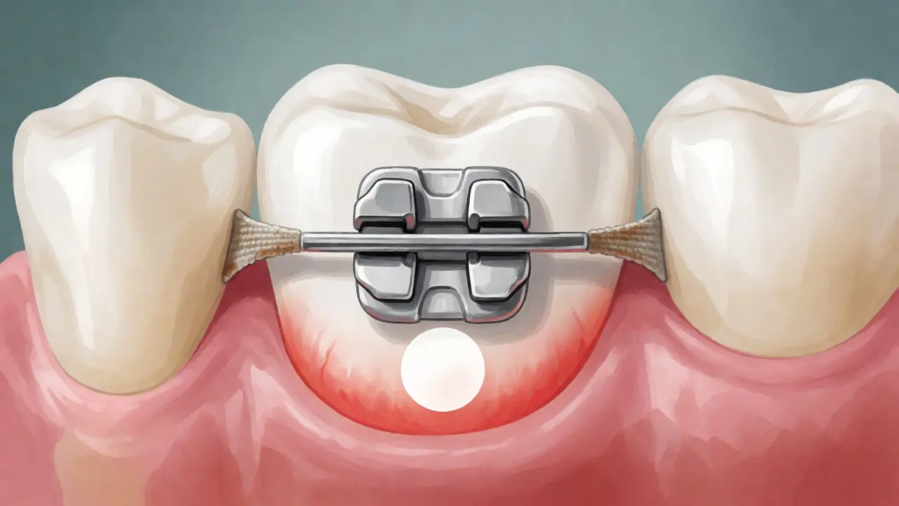 Ilustrace bílé skvrny na zubu pod zámkem rovnátek způsobené špatnou hygienou