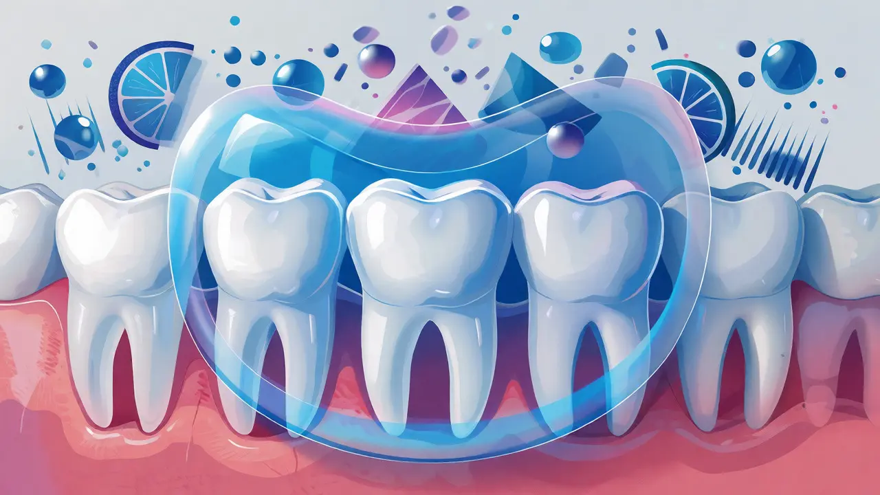 Konceptuální ilustrace ochranné vrstvy fluoridu chránící zuby před kyselinami