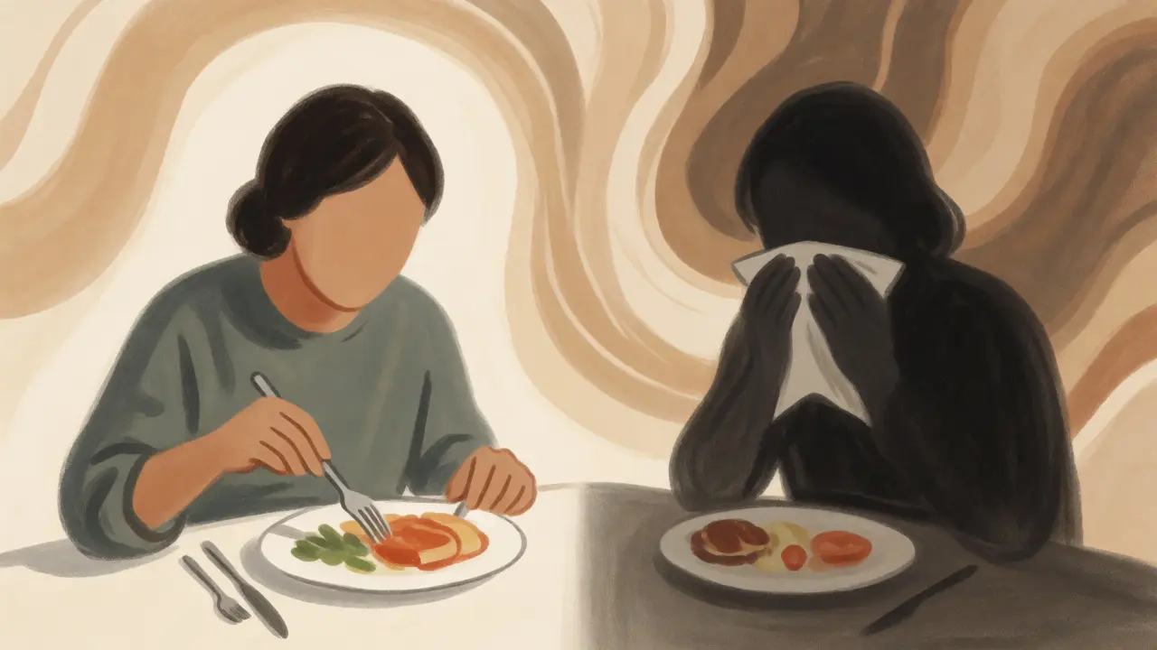 Konceptuální ilustrace rozdvojeného zážitku ze stolování a sociálního nepohodlí.