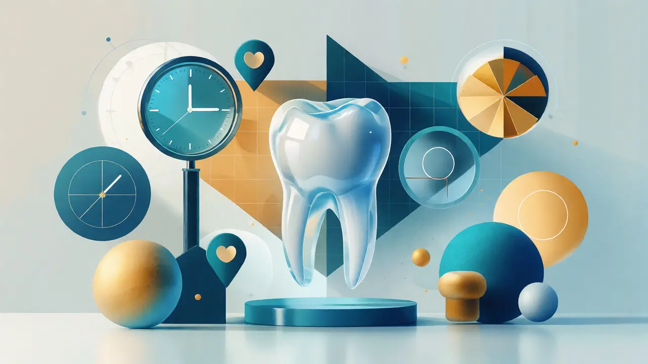 Konceptuální ilustrace zubu obklopeného symboly faktorů ovlivňujících cenu