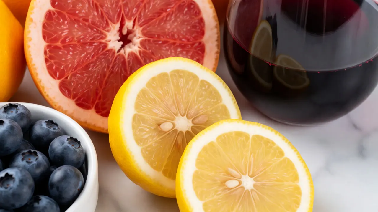 Makro fotografie citronů, vína a borůvek, které mohou zabarvit porézní sklovinu.