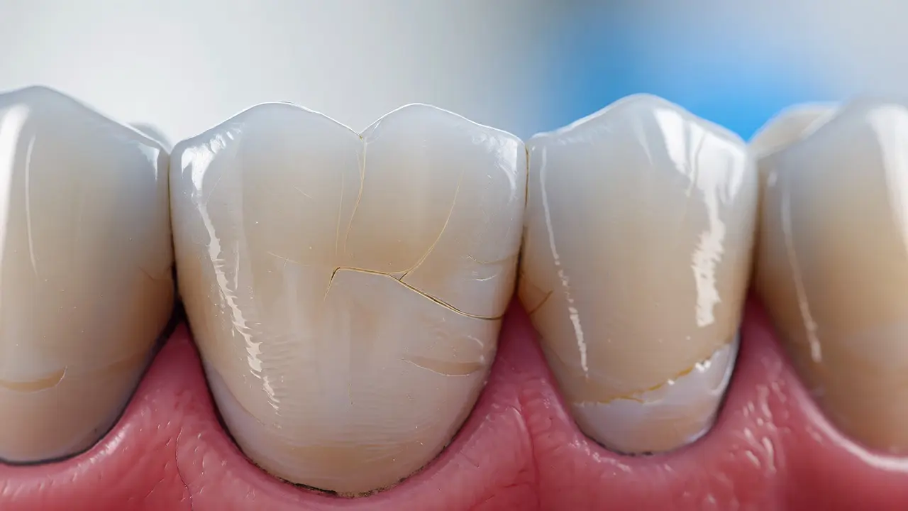 Makro fotografie předního zubu s viditelnými mikroprasklinami a staženou dásní pod klinickým světlem.