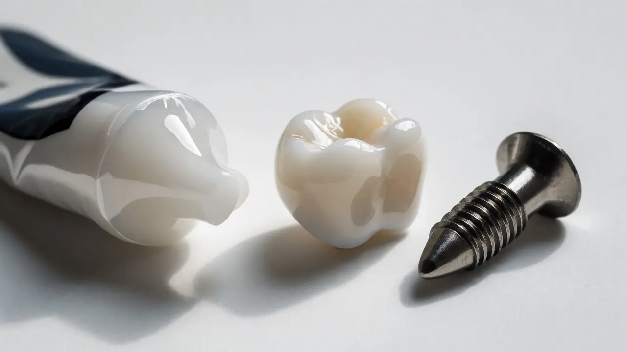 Makro snímek dentálních materiálů: kompozitní hmota, keramická korunka a titanový implantát.