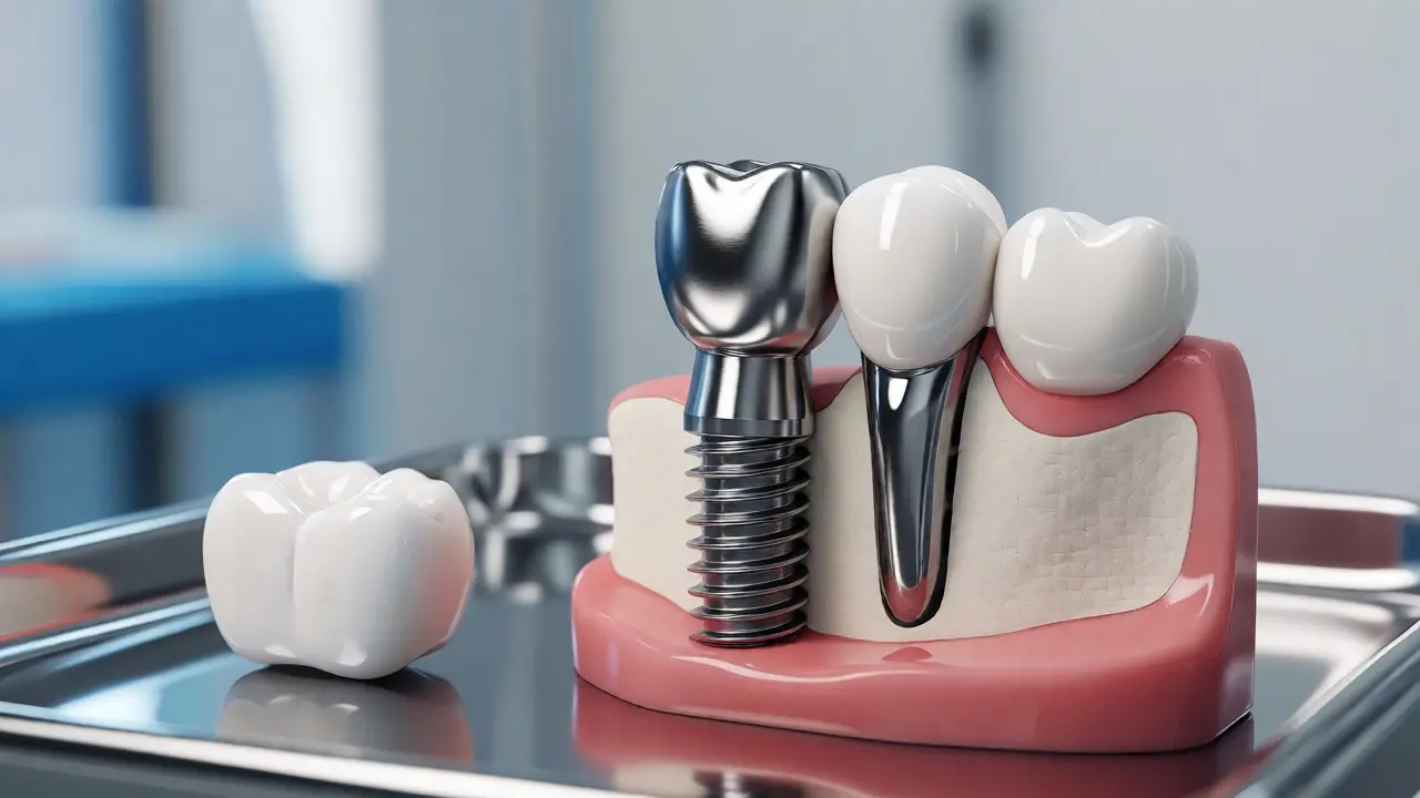 Titanový zubní implantát v čelistní kosti vedle bílé korunky