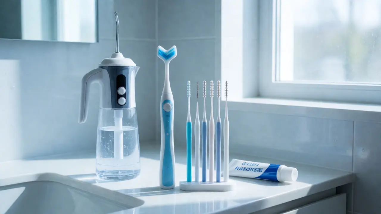 Vybavení pro hygienu rovnátek: irigátor, ortodontický kartáček a mezizubní kartáčky