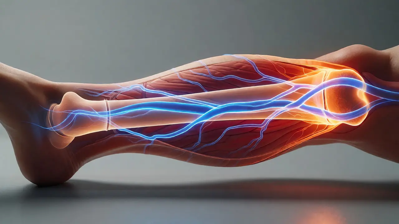 Anatomický náhled na holenní kost a žíly
