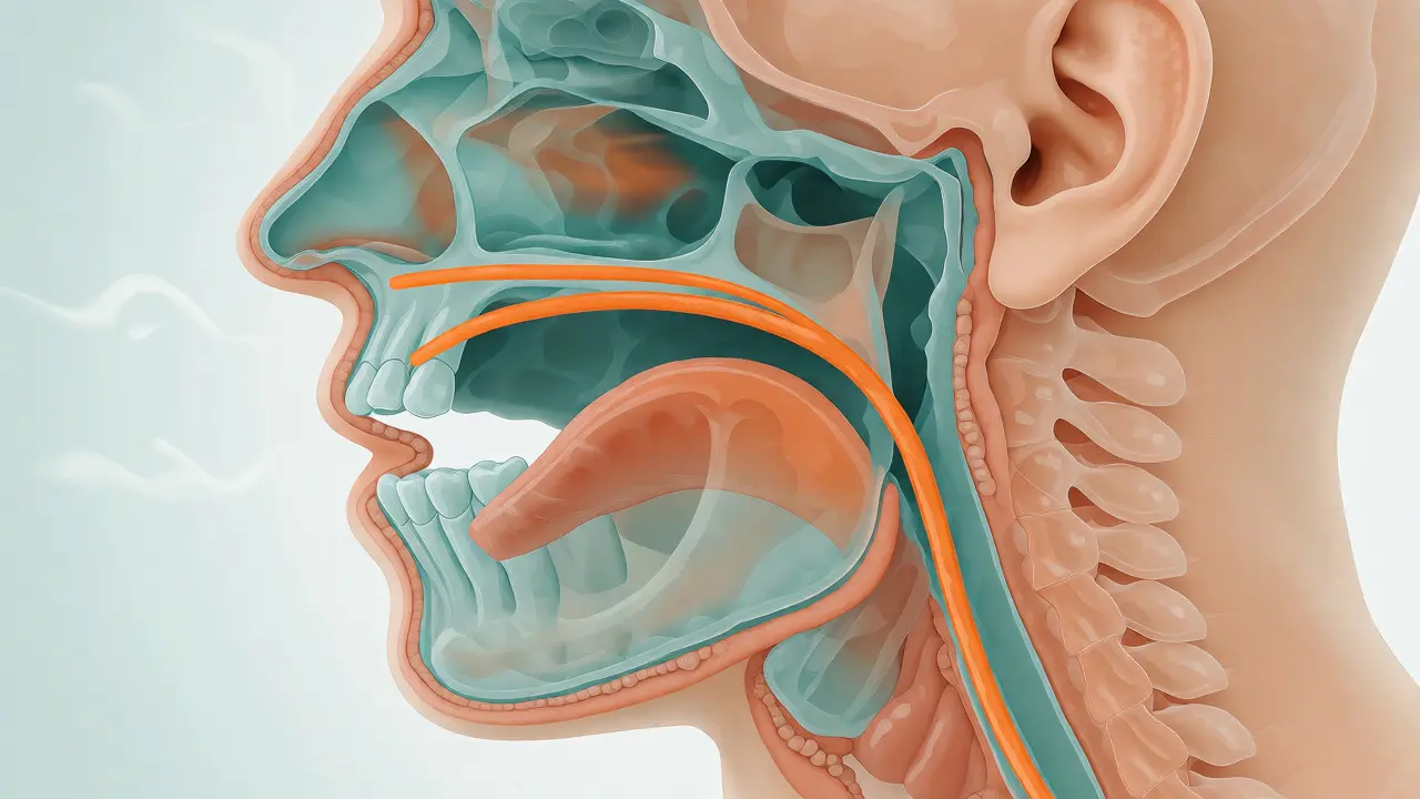 Anatomický řez hlavou znázorňující zúšené dýchací cesty kvůli posunuté čelisti.