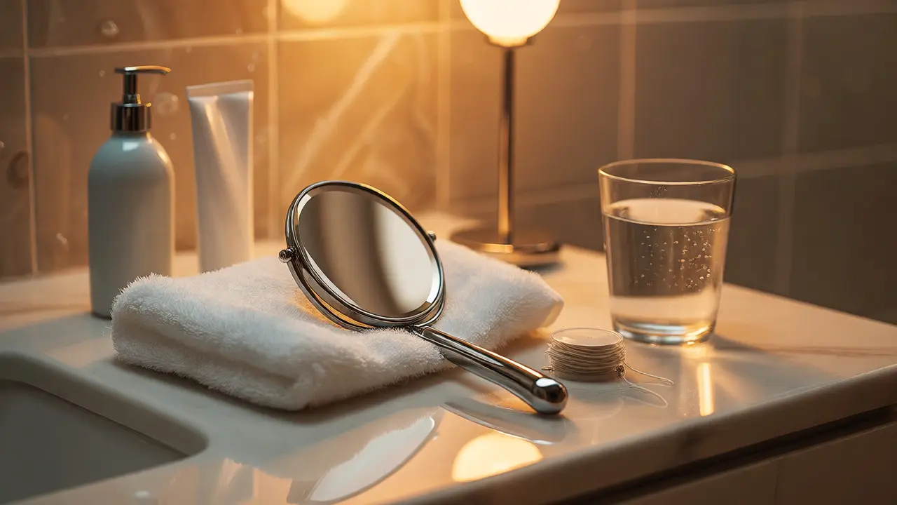 Dentální zrcátko na umyvadle s hygienickými potřebami