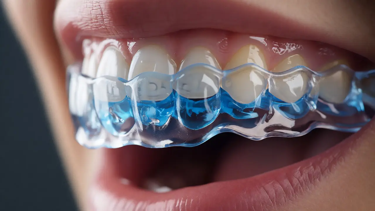Detailní záběr na průhlednou bělicí nálevku s gelem vloženou do úst pro rovnoměrné pokrytí.