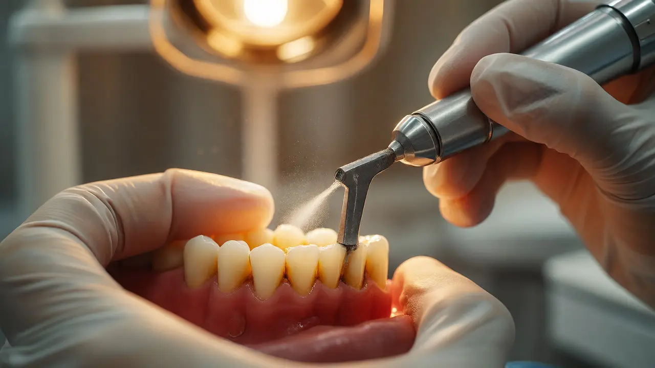 Odstraňování zubního kamene ultrazvukem v ordinaci dentální hygieny.