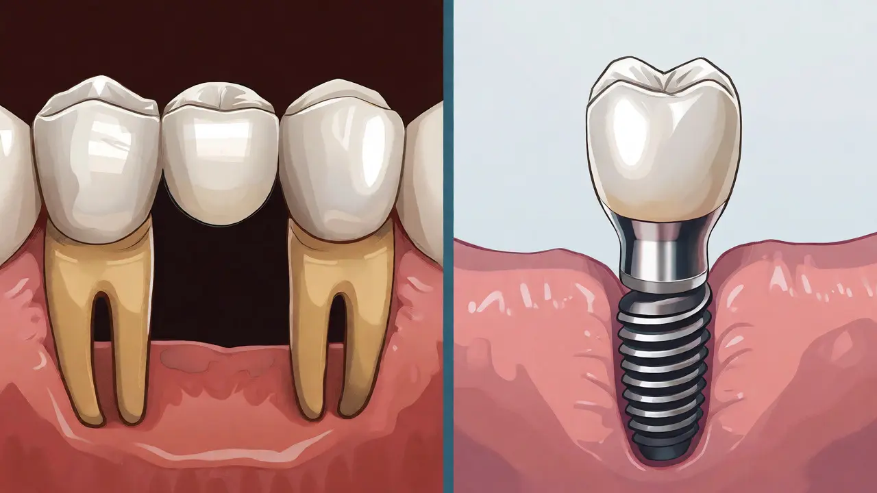 Porovnání zubního můstku opírajícího se o sousední zuby a samostatného implantátu.