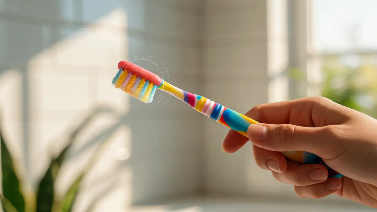 Ruka čistí zuby kartáčkem pod úhlem 45 stupňů