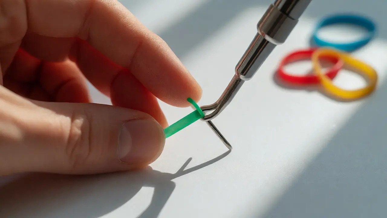 Ruka používající háček k nasazení zelené elastické gumičky na zámeček
