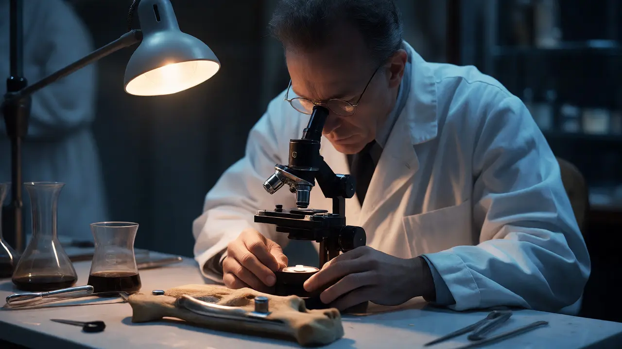 Vědec zkoumá titanový čip v kosti v laboratoři