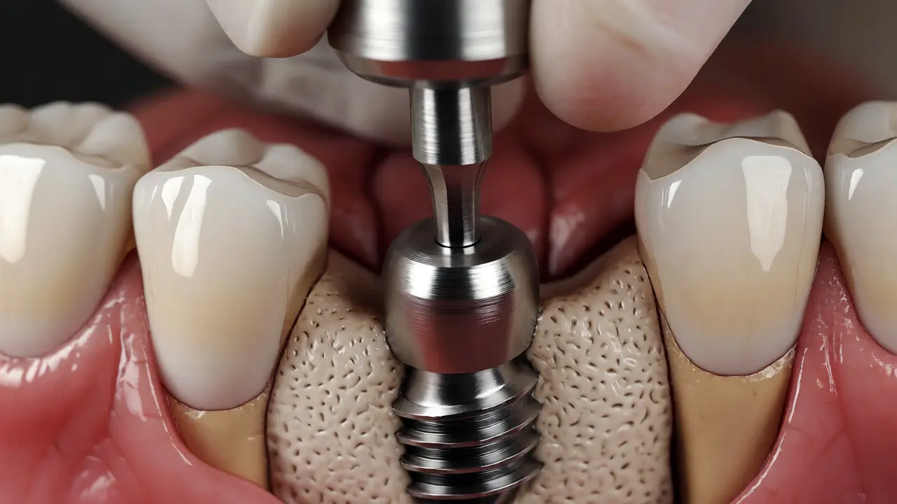 Zavádění titanového zubního implantátu do kostní tkáně při operaci