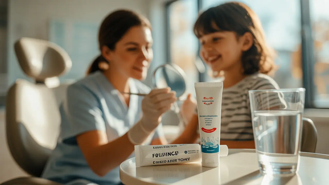 Zubní hygienista vyšetřuje usměvavé dítě v moderní ordinaci za denního světla.